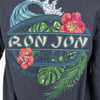 Back of a shirt featuring a Ron Jon Surf Shop logo with floral designs, tropical leaves, and a wave graphic.