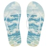 A pair of flip-flops with a printed design of ocean waves in shades of blue and white.