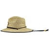 A wide-brimmed straw hat with a black chin cord and a small logo patch on the side, photographed against a plain white background.