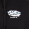 Close-up of a black hoodie featuring a Ron Jon Surfboards, Cocoa Beach, Fla. logo patch with blue and white lettering.