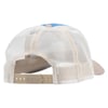 A beige and blue trucker hat shown from the back, featuring a mesh material and an adjustable plastic snap closure.