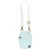 A small light blue crossbody bag with a white adjustable strap, zippered front pocket, and metal hardware. The front features a patch and a logo.