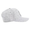 Side view of a gray snapback hat featuring small designs, including palm trees and cars, with a circular patch on the front.