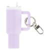 A purple water bottle keychain with a handle, attached key ring, and small drinking spout at the top.