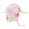 A pink childrens sun hat with colorful sea creature prints, a long neck flap, adjustable chin strap, and side drawstring for a secure fit.