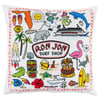 Square pillow with colorful illustrations representing a beach theme, including palm trees, surfboards, sea animals, and a cruise ship, featuring Ron Jon Surf Shop in the center.