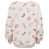 A beige sweatshirt featuring a pattern of lobsters, starfish, seashells, sunglasses, anchors, and sailboats in pastel colors.