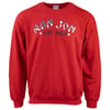 Red crewneck sweatshirt with Ron Jon Surf Shop printed on the front in patterned letters and stars.