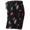 Black shorts with a colorful dinosaur and pineapple print pattern. The shorts have a drawstring waist.