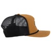 Side view of a brown and black trucker hat with a mesh back and a curved brim.
