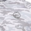 Close-up of a light gray and white camouflage-pattern hoodie featuring a circular Ron Jon Surf Shop logo patch on the chest.