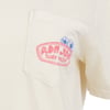 Close-up of a cream T-shirt with a small chest pocket featuring a red Ron Jon Surf Shop logo and a blue hibiscus flower design.