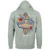 Green hoodie with a Ron Jon Surf Shop design on the back, featuring a surfboard and colorful flowers, with the text Cocoa Beach.