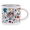 White ceramic mug featuring colorful, assorted surf and beach-themed illustrations and the Ron Jon Surf Shop logo on the side.