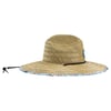 Wide-brimmed straw hat with a patterned edge and an adjustable chin strap.