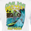 Surf-themed illustration with a skeleton on a surfboard riding a wave. Text reads Ron Jon Surf Shop at the top and Rip Curl at the bottom. A pier and palm trees are in the background.