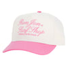 A white and pink cap with Ron Jon Surf Shop embroidered in pink text on the front.
