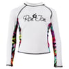 White long-sleeve rash guard with Ron Jon logo on the chest and colorful floral pattern on the sides and sleeves.