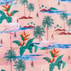 Pattern featuring pink flamingos, tropical palm trees, sailboats, and water on a pastel pink background.