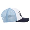 Side view of a trucker hat with a light blue mesh back, white front panel, navy brim, and a front patch design.