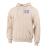 Sand colored hooded sweatshirt with front pocket and small colorful graphic on the left chest reading Ron Jon Surf Shop, Myrtle Beach.