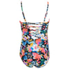 One-piece floral swimsuit with a colorful pattern and a strappy back design.