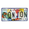 A magnet made from metal showcasing various state license plates spelling out the name RONJON.