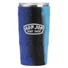 A blue and black tumbler with turtle patterns and a Ron Jon Surf Shop logo on the front, topped with a clear plastic lid.