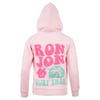 Back view of a pink hoodie featuring the text RON JON SURF SHOP in pink and turquoise, with flower and palm tree designs.