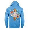 Blue hoodie featuring a surfboard design with tropical flowers and the text Ron Jon Surf Shop, Ocean City, MD on the back.