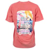 Coral t-shirt featuring a colorful beach scene on the back with a lifeguard chair, surfboard, umbrella, and Ron Jon Surf Shop Orlando text.