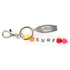 Keychain with beads spelling SURF, featuring colorful beads and a metallic surfboard charm, attached to a metal clip and ring.