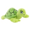 A green plush turtle toy with a patterned shell and a neutral facial expression, lying on its stomach.