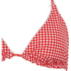 Close-up of a red and white checkered bikini top with ruffled trim.