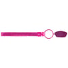 A pink glittery wrist strap keychain with a metal ring and an attached dark pink tag.