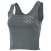 Gray sleeveless crop top with a scoop neckline. Features white Salty Crew and Ron Jon Surf Shop logos on the front.