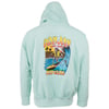 Light green hooded sweatshirt featuring a colorful graphic of a surfing skeleton, palm trees, and the text Ron Jon Surf Shop and Rip Curl.