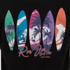 A graphic of five surfboards with tropical designs and silhouettes of palm trees and a surfer. Text reads Ron Jon Surf Shop, Cocoa Beach.