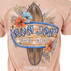 Back of a peach T-shirt with a surfboard design, flowers, and text: Ron Jon Surf Shop, Pensacola Beach.