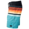 Multi-colored board shorts with horizontal stripes featuring black, orange, white, and turquoise bands. A drawstring is tied at the waistband.