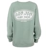 A green sweatshirt featuring a large white Ron Jon Surf Shop Myrtle Beach logo on the back.