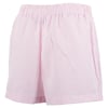 Pink and white vertical striped mens boxer shorts with an elastic waistband, displayed against a white background.