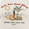 A sleeveless garment features a Ron Jon Surf Shop design with a beach scene and the text Support Your Local Shop. Rhythm.