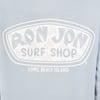 Light blue shirt with Ron Jon Surf Shop, Long Beach Island printed in white letters on the front.