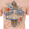 Back of a peach-colored T-shirt featuring a surfboard and hibiscus flowers with Ron Jon Surf Shop and Panama City Beach text.