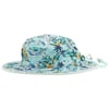 A light blue bucket hat with a tropical floral pattern, featuring yellow flowers. It has an adjustable chin strap.