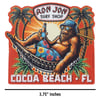 Illustration of a relaxed sasquatch in a hammock with a drink, wearing sunglasses and a bucket hat, under palm trees. Text: Ron Jon Surf Shop, Cocoa Beach, FL. Measures 3.75 inches.