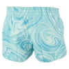 Aqua blue and white swirl-patterned board shorts with an elastic waistband, viewed from the back.