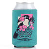Teal can cooler with a toucan wearing sunglasses, surrounded by hibiscus flowers, and text: Ron Jon Surf Shop and Little Box Guy.