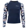Navy long-sleeve rash guard with floral-patterned sleeves and small Ron Jon logo on the chest.